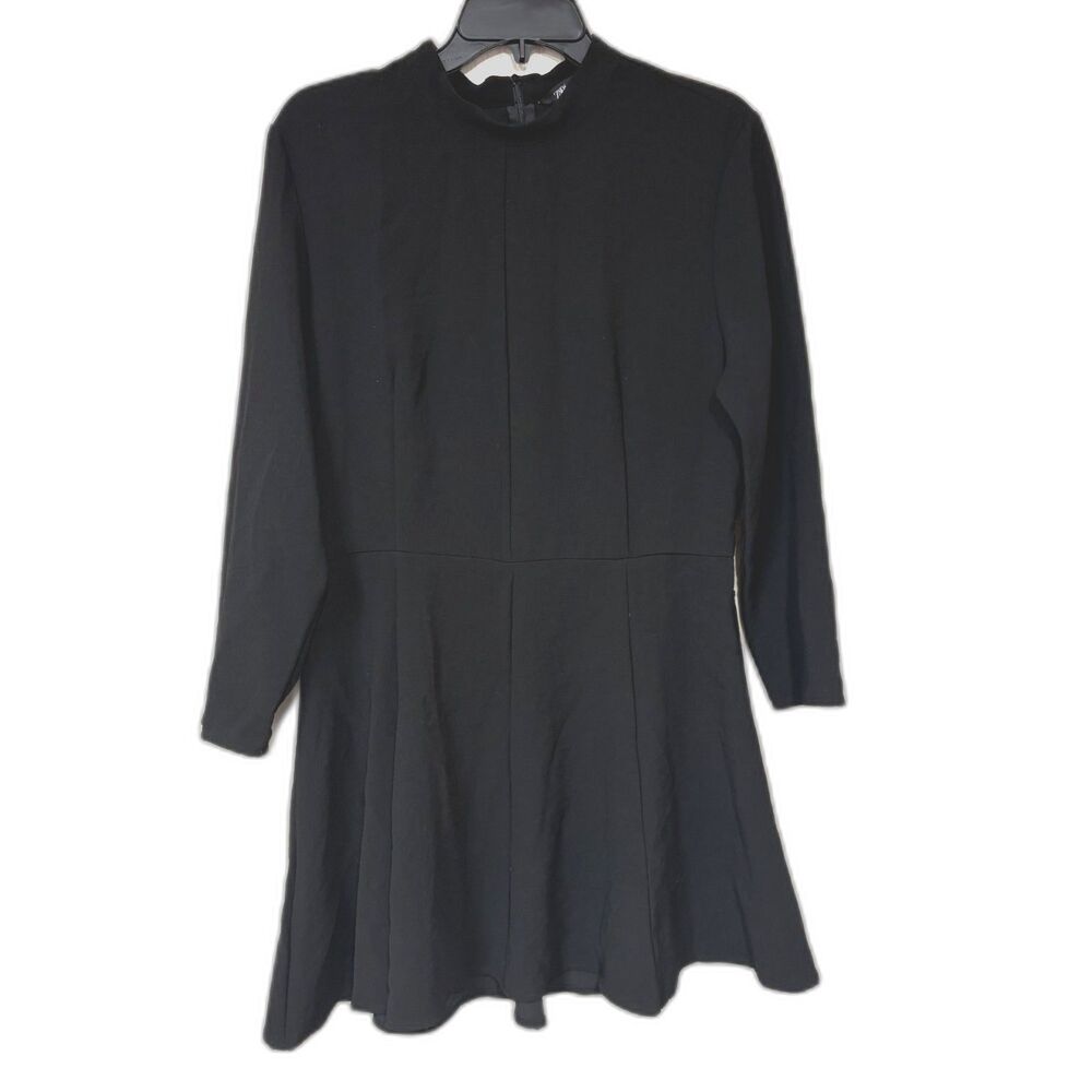 Zara Women Black long sleeve Skater style dress XL pleated Mini FitFlare